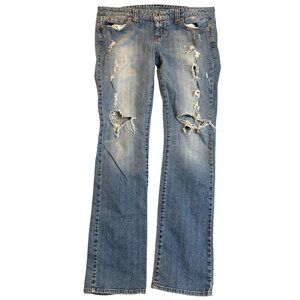 Guess Women's Jeans 35x31 Flirty Straight Distressed Blue Denim Stretch